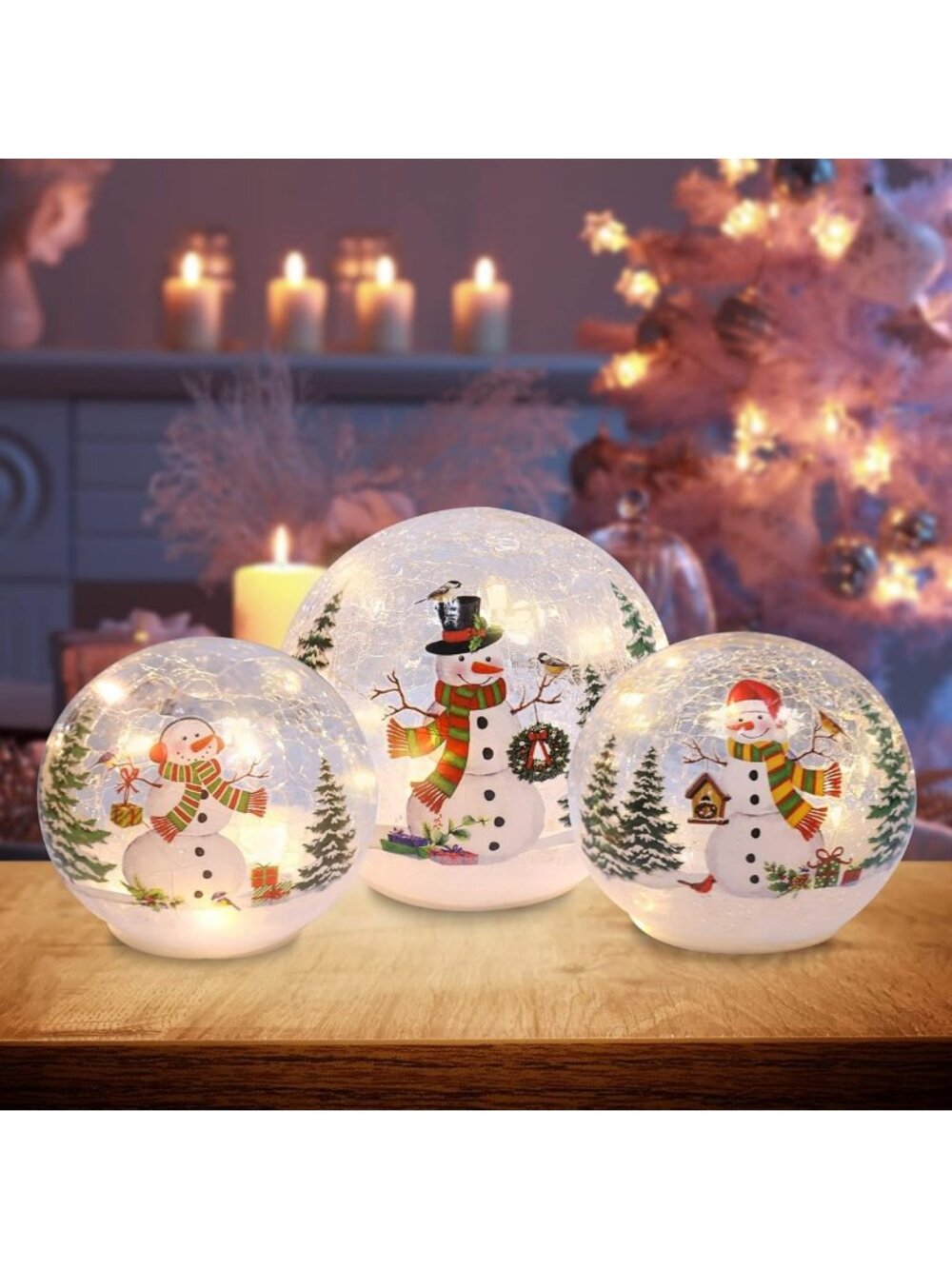 3-Pc Sparkling Snowman LED Light Globes - Festive Indoor Christmas Decor